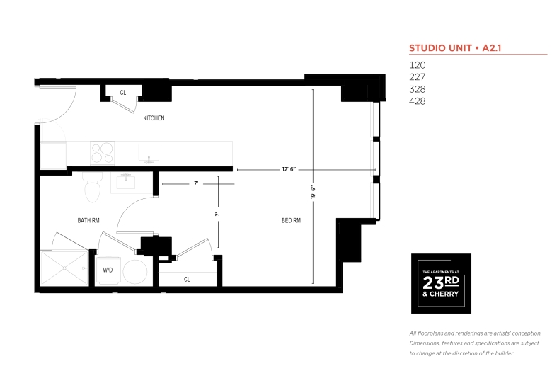 Studio Floor Plan: Apartment entrance opens into the kitchen w/ a closet on the left and appliances and cupboards on the right.  Kitchen leads to an adjacent living room/bedroom area spanning across the width of the apartment, featuring a large window. The bedroom area has a door to a closet and another door to the bathroom. The bathroom has a washer/dryer closet and is parallel with the kitchen.
