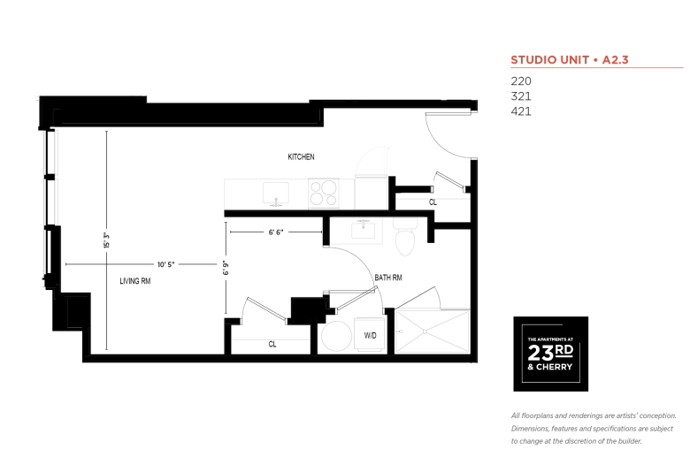 Studio Floor Plan: Apartment entrance opens into the kitchen w/ a closet on the left, followed by appliances and cupboards also on the left.  Kitchen leads to an adjacent living room/bedroom area spanning across the width of the apartment, featuring a large window. The bedroom area has a door to a closet and another door to the bathroom.  The bathroom has a washer/dryer closet and is parallel with the kitchen.