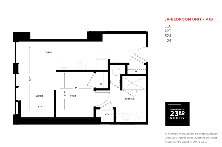 JR 1-BR Floor Plan: Apartment entrance opens to a hallway w/ a closet on the left. Hallway is connected to the kitchen w/ appliances and cupboards on the left. The kitchen is adjacent to the living room spanning across the entire width of the apartment. A door to the bedroom is placed in the middle, across from a large window in the living room. The bedroom is parallel with the kitchen. Inside the bedroom, there are doors to a closet and a bathroom, with a washer/dryer closet inside the bathroom.