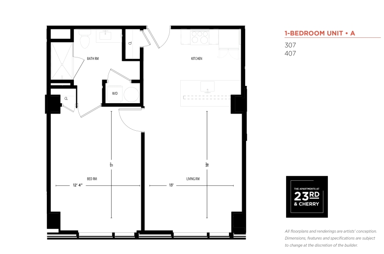 1-BR FLOOR PLAN: Entrance opens into a hallway w/ a closet on the right and a kitchen w/ appliances & cupboards on the left, on the same wall as the doorway. A kitchen aisle w/ a sink is across from the appliances, adjacent to the living room area w/ a large window. The bedroom is parallel w/ the living room, separated by a wall w/ a door placed diagonally across from the kitchen aisle. The bedroom has a large window and, on the opposite wall, doors to a closet and a bathroom with a washer/dryer closet. 