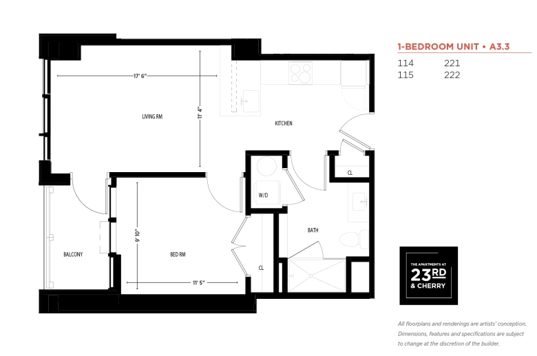 1-BR FLOOR PLAN: Entrance opens into a kitchen, w/ appliances, cupboards, & an aisle on the right. On the left of the entrance is a closet door, followed by the door to the bathroom. The bathroom has a washer/dryer closet.  The kitchen leads into the adjacent living room w/ a large window and a door to the bedroom  and a door to a balcony that is aligned with the bedroom.  The bedroom has a large two-door closet on the wall parallel w/ the bathroom and a large window and a balcony door on the opposite wall.