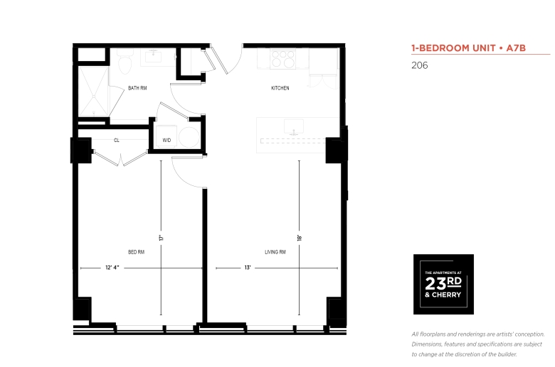 1-BR FLOOR PLAN: Entrance opens into a kitchen, w/ appliances, cupboards, & an aisle on the left. On the right of the entrance is a closet door, followed by the door to the bathroom. The bathroom has a washer/dryer closet.  The kitchen leads into the adjacent living room w/ a large window and a door to the bedroom.  The bedroom has a large two-door closet on the wall parallel w/ the bathroom and a large window on the opposite wall.