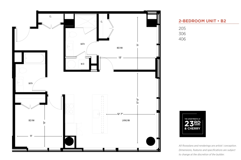 2-BR FLOOR PLAN: Entrance opens into a hallway, w/ a closet on the left. Closet doors face a narrow hallway, with a door to a bathroom on the right, a door to a smaller bedroom straight ahead, and an opening to a large living room on the left.  The smaller bedroom has a closet parallel with the bathroom wall and a large window on the opposite wall. The living room has a large windows and a door to a master bedroom, w/ a closet and a door to a master bathroom w/ a washer/dryer closet. 