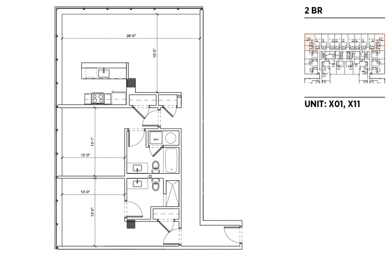2-bedroom floorplan for units X01 and X11 at 2040 Market Street