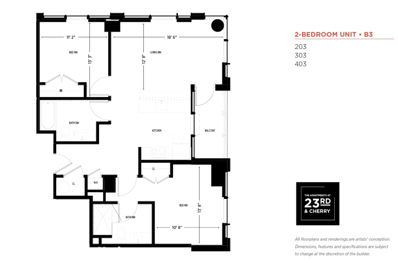 2-BR FLOOR PLAN: The entrance hallway right side: a closet, a washer/dryer closet, and  a door to a master bedroom w/ a bathroom door inside (straight) and a large closet on the left.  The entrance hallway leads into a kitchen w/ cupboards and appliances on the right, an aisle with a sink on the left, and a balcony door straight ahead. Kitchen aisle is adjacent to the living room with large windows. The living room has another door to the balcony & doors to the 2nd bedroom & 2nd bathroom on a shared wall.