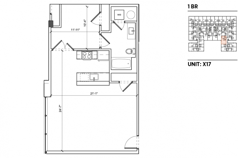 1-bedroom floorplan for unit X17 at 2040 Market Street