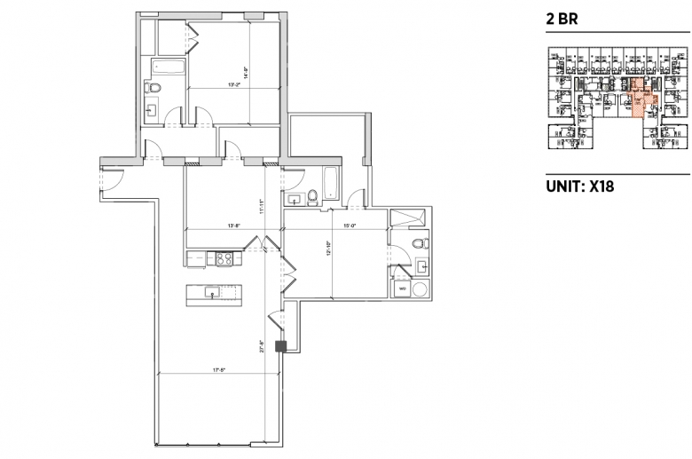 2-bedroom floorplan for unit X18 at 2040 Market Street