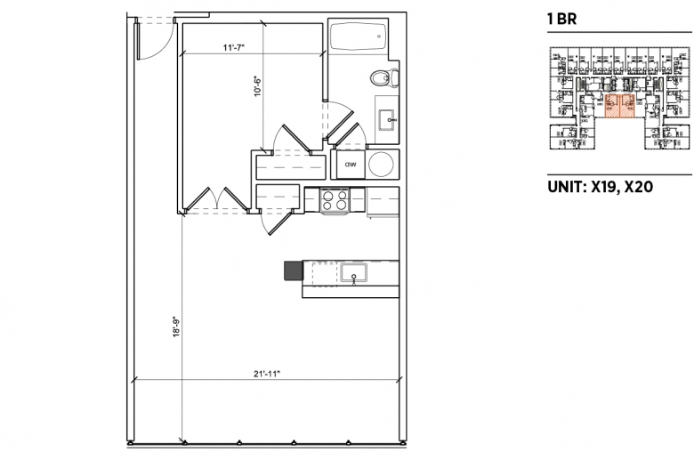 1-bedroom floorplan for unit X19 and X20 at 2040 Market Street