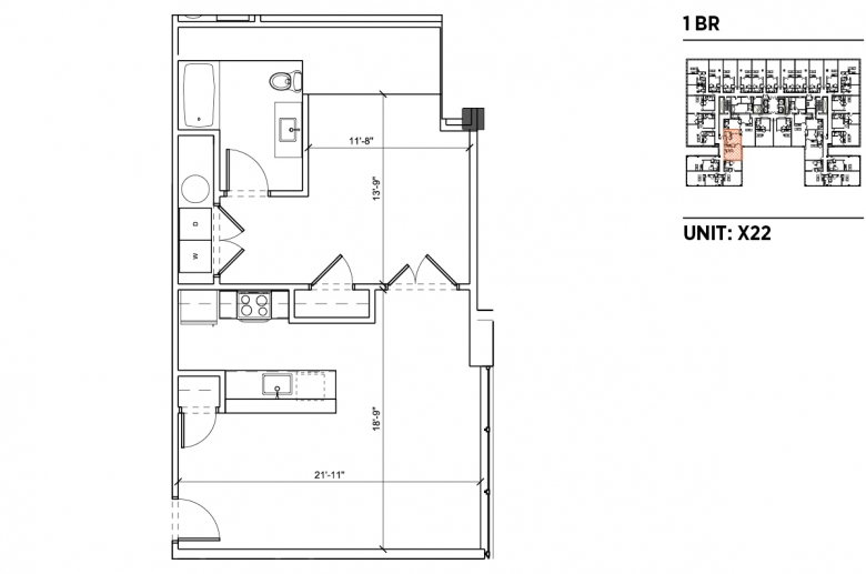 1-bedroom floorplan for unit X22 at 2040 Market Street