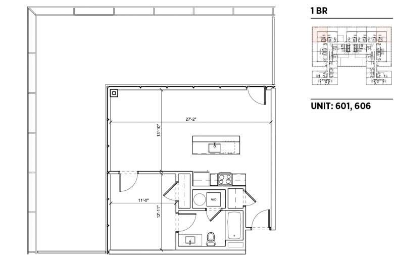 1-bedroom floorplan for unit 601 and 606 at 2040 Market Street