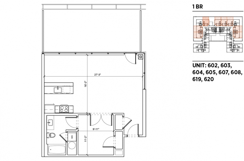 1-bedroom floorplan for units 602, 603, 604, 605, 607, 608, 619 and 620 at 2040 Market Street