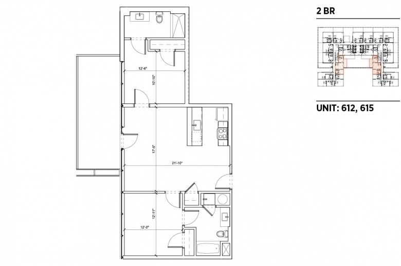 2-bedroom floorplan for units 612 and 615 at 2040 Market Street