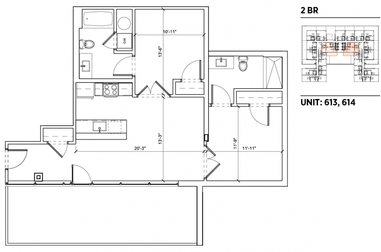 2-bedroom floorplan for units 613 and 614 at 2040 Market Street
