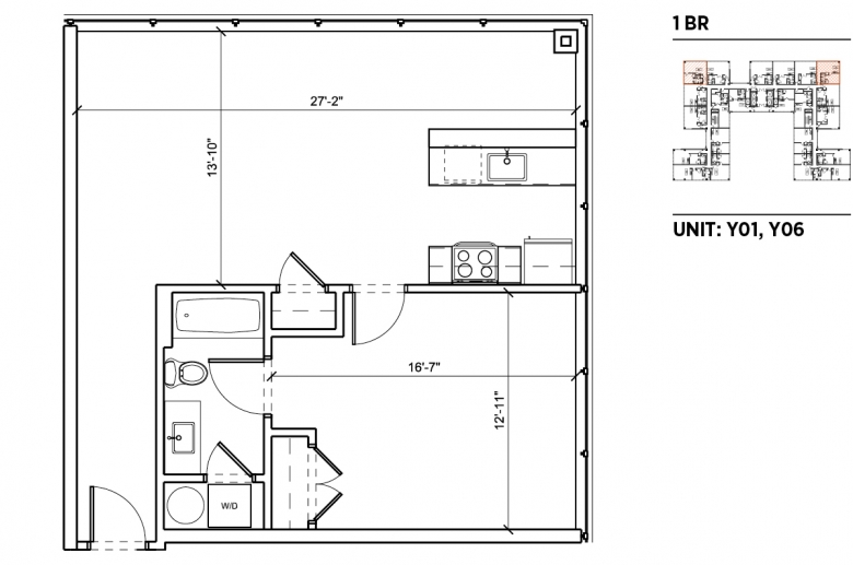 1-bedroom floorplan for units Y01 and Y06 at 2040 Market Street