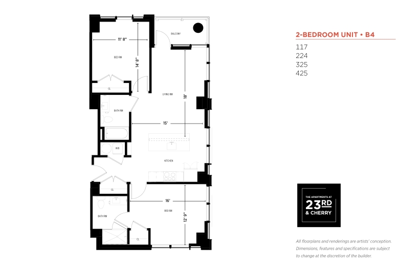 2-BR FLOOR PLAN: The entrance hallway has a closet on the right, followed by a door to a master bedroom w/ doors to a closet and a bathroom inside. On the left side of the doorway is a washer/dryer closet, and straight ahead is a kitchen with appliances & cupboards on the right and a kitchen aisle on the left.  Adjacent to the aisle is a large living room with a door to the balcony. The living room wall perpendicular to the balcony has doors to a 2nd bedroom and a 2nd bathroom respectively.