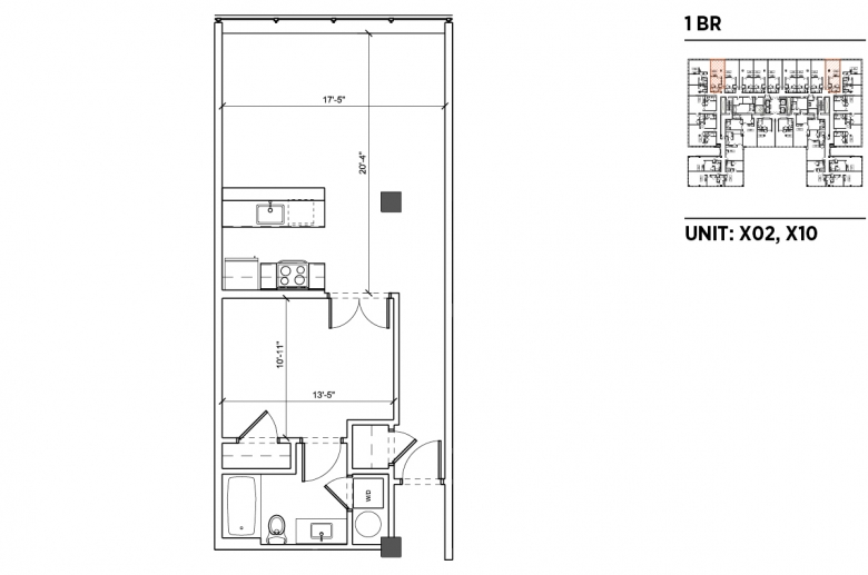 1-bedroom floorplan for unit X02 and X10 at 2040 Market Street