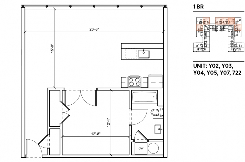 1-bedroom floorplan for units Y02, Y03, Y04, Y05, Y07 and 722 at 2040 Market Street