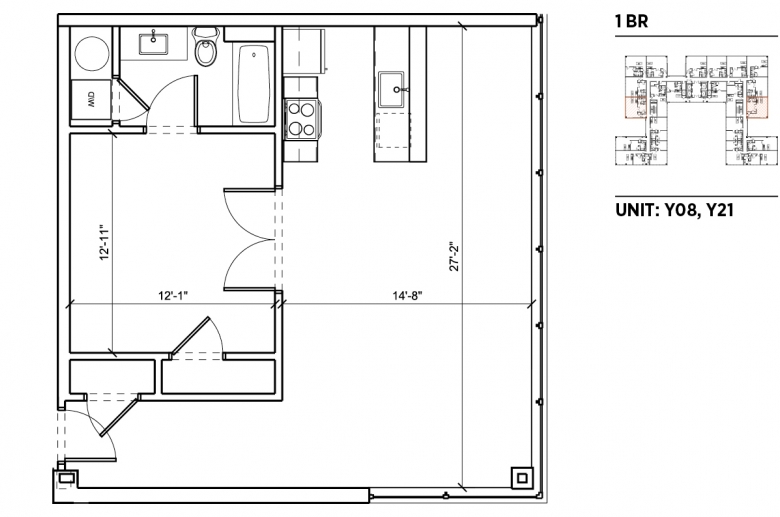 1-bedroom floorplan for units Y08 and Y21 at 2040 Market Street