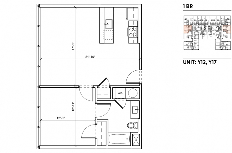 1-bedroom floorplan for units Y12 and Y17 at 2040 Market Street