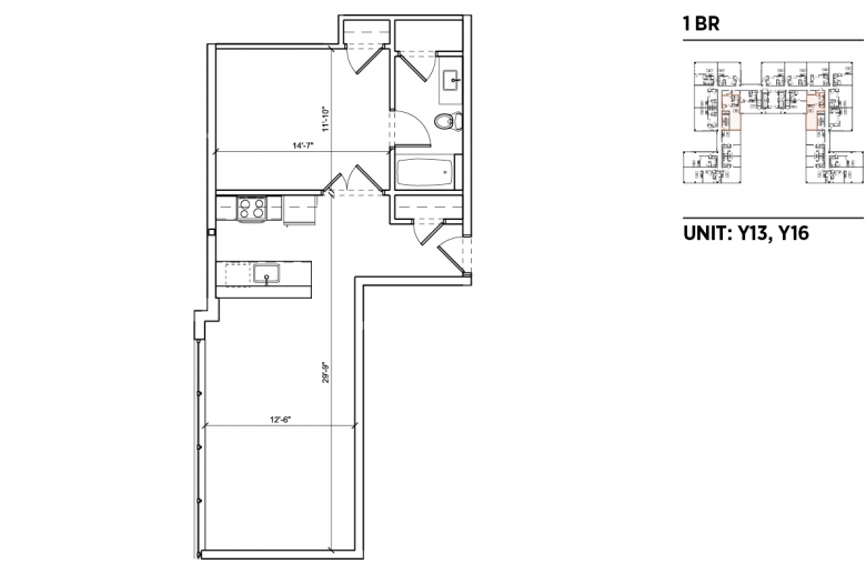 1-bedroom floorplan for units Y13 and Y16 at 2040 Market Street
