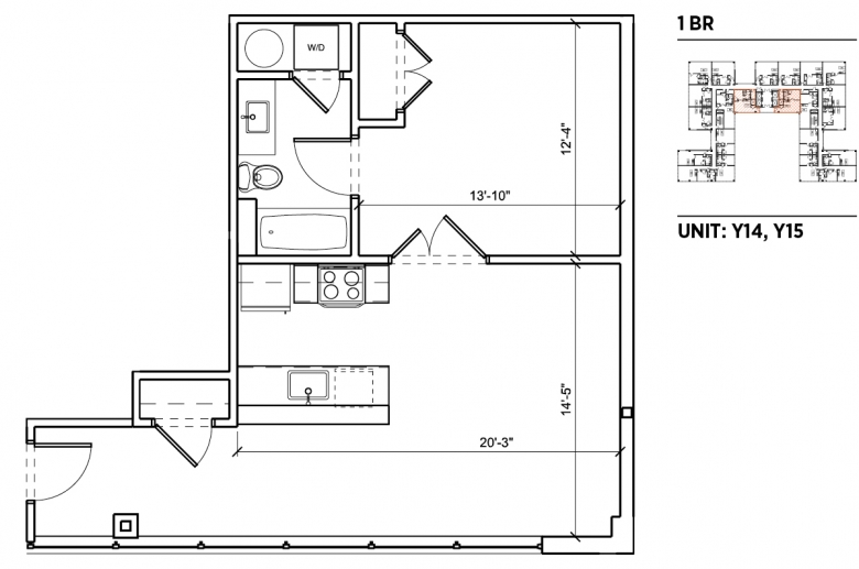 1-bedroom floorplan for units Y14 and Y15 at 2040 Market Street