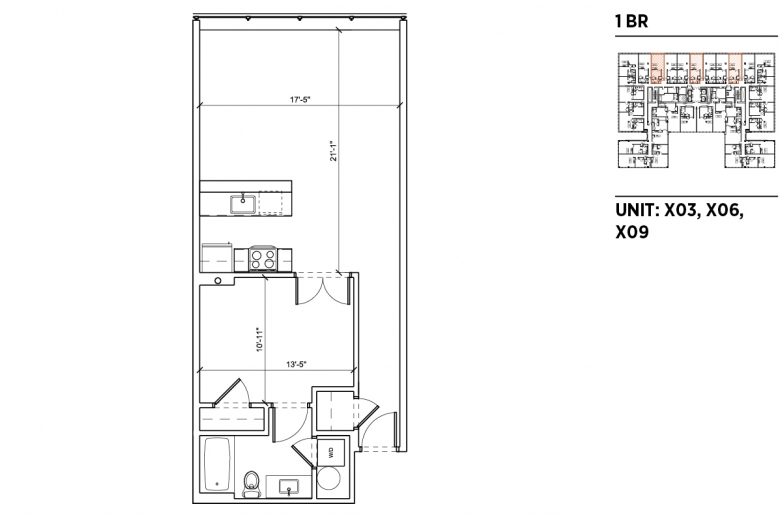 1-bedroom floorplan for unit X03, X06, and X09 at 2040 Market Street