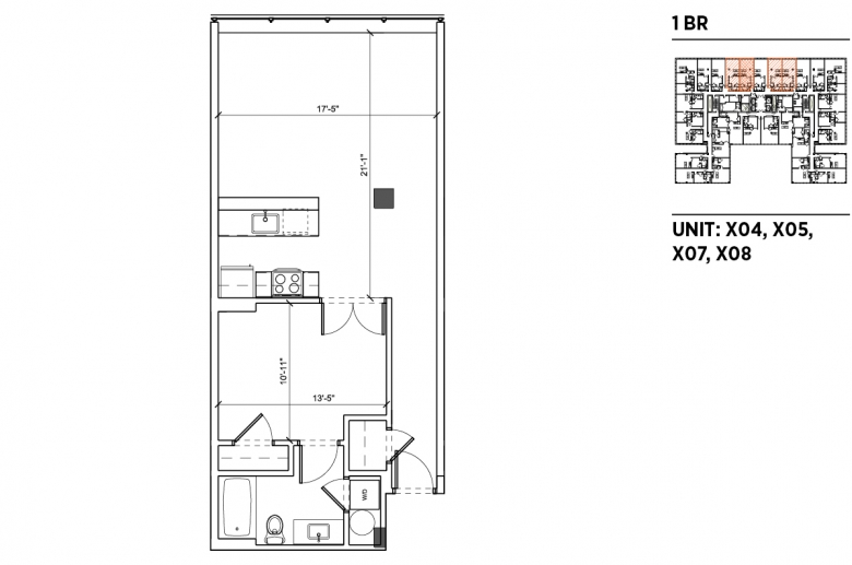 1-bedroom floorplan for unit X04, X05, X07 and X08 at 2040 Market Street