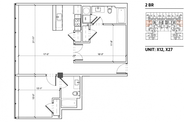 2-bedroom floorplan for units X12 and X27 at 2040 Market Street