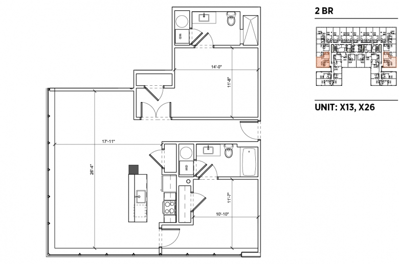 2-bedroom floorplan for units X13 and X26 at 2040 Market Street