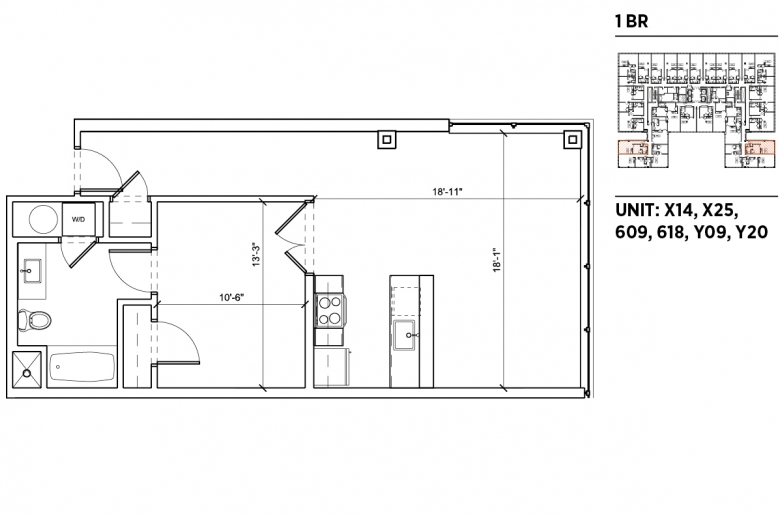 1-bedroom floorplan for unit X14, X25, 609, 618, Y09 and Y20 at 2040 Market Street