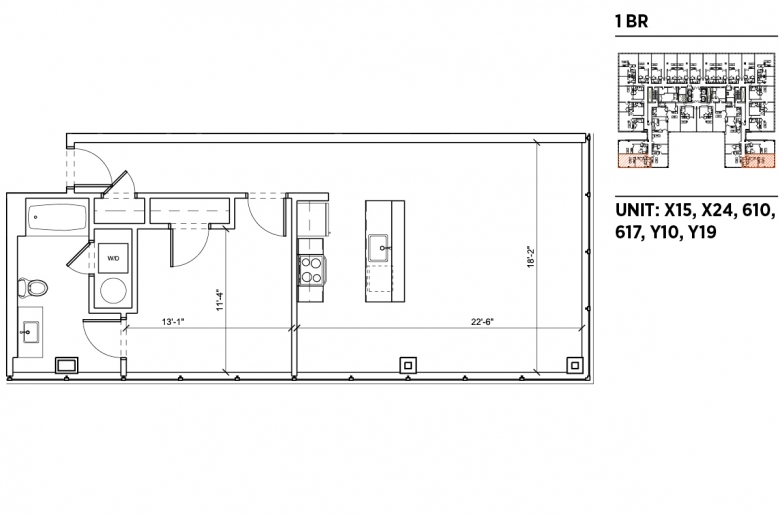 1-bedroom floorplan for unit X15, X24, 610, 617, Y10 and Y19 at 2040 Market Street