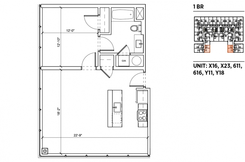 1-bedroom floorplan for unit X16, X23, 611, 616, Y11 and Y18 at 2040 Market Street