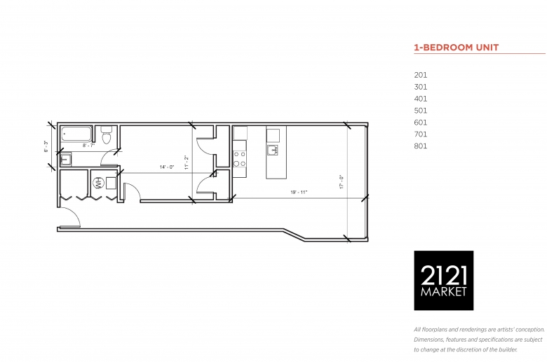 1-bedroom floorplan for units 201, 301, 401, 501, 601, 701 and 801 at 2121 Market Street