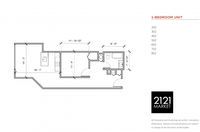 1-bedroom floorplan for units 202, 302, 402, 502, 602, 702 and 802 at 2121 Market Street