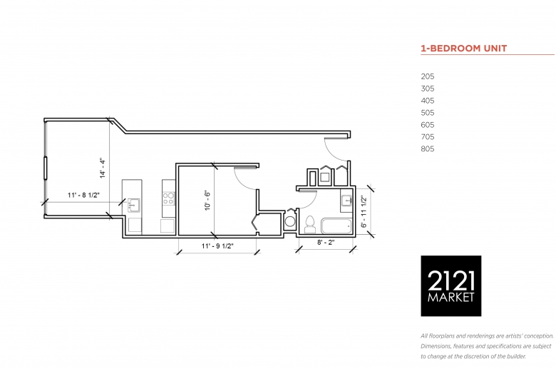1-bedroom floorplan for units 205, 305, 405, 505, 605, 705 and 805 at 2121 Market Street