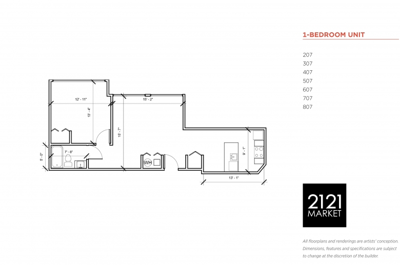 1-bedroom floorplan for units 207, 307, 407, 507, 607, 707 and 807 at 2121 Market Street