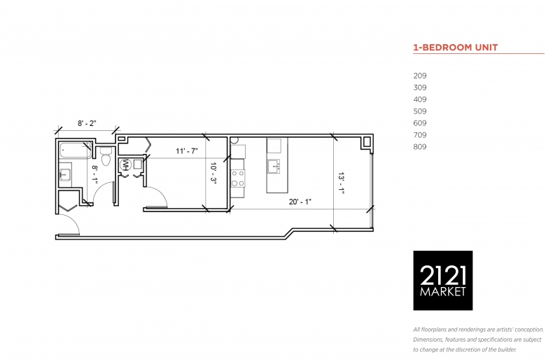 1-bedroom floorplan for units 209, 309, 409, 509, 609, 709 and 809 at 2121 Market Street