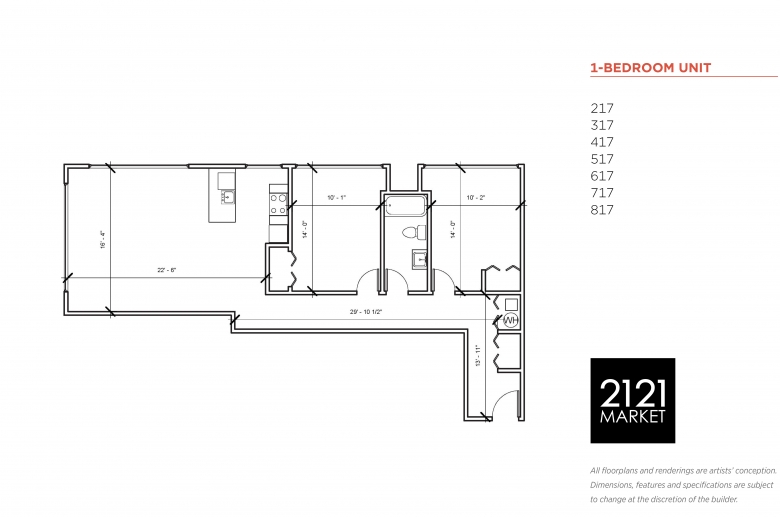1-bedroom floorplan for units 217, 317, 417, 517, 617, 717 and 817 at 2121 Market Street