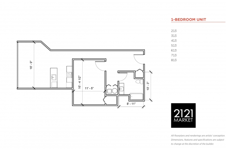 1-bedroom floorplan for units 213, 313, 413, 513, 613, 713 and 813 at 2121 Market Street