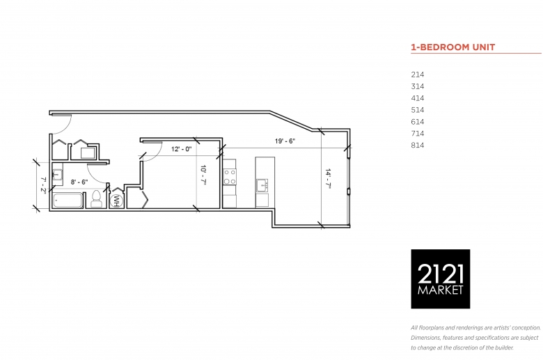 1-bedroom floorplan for units 214, 314, 414, 514, 614, 714 and 814 at 2121 Market Street