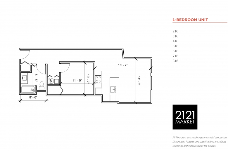 1-bedroom floorplan for units 216, 316, 416, 516, 616, 716 and 816 at 2121 Market Street