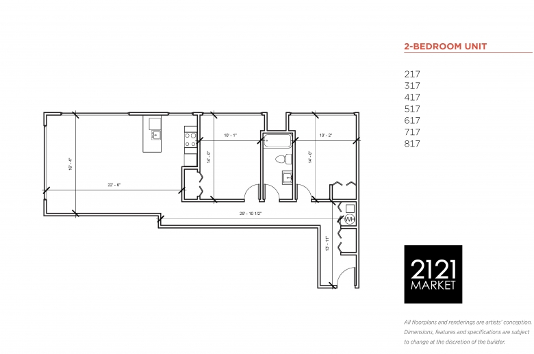 2-bedroom floorplan for units 217, 317, 417, 517, 617, 717 and 817 at 2121 Market Street