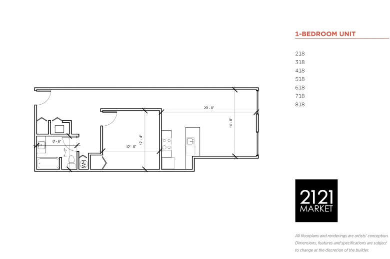 1-bedroom floorplan for units 218, 318, 418, 518, 618, 718 and 818 at 2121 Market Street