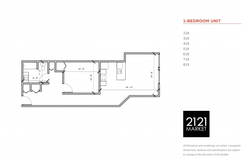 1-bedroom floorplan for units 219, 319, 419, 519, 619, 719 and 819 at 2121 Market Street