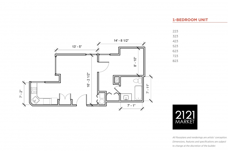1-bedroom floorplan for units 223, 323, 423, 523, 623, 723 and 823 at 2121 Market Street
