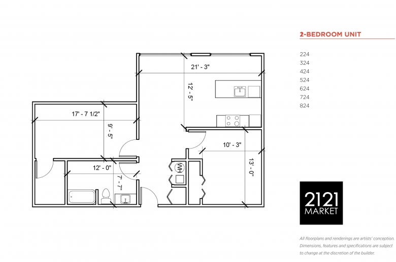 2-bedroom floorplan for units 224, 324, 424, 524, 624, 724 and 824 at 2121 Market Street