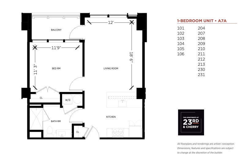 1-bedroom floorplan for units 101, 102, 103, 104, 105, 106, 204, 207, 208, 209, 210, 211, 212, 213, 230 and 231