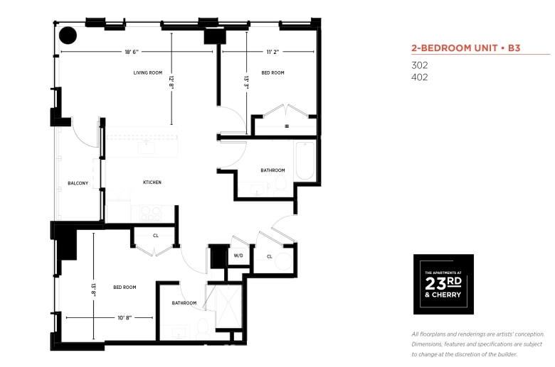 Two-bedroom floorplan for units 302 and 402
