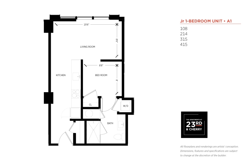 JR 1-BR Floor Plan: Apartment entrance opens to the kitchen w/ a closet on the right, followed by kitchen appliances and cupboards. The kitchen leads to the adjacent living room spanning across the entire width of the apartment. A door to the bedroom is placed in the middle, across from a large window in the living room. The bedroom is on the right side of the apartment, parallel with the kitchen. Inside the bedroom, there are doors to a closet and a bathroom, with a washer/dryer closet inside it.