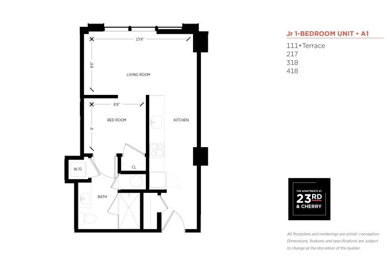JR 1-BR Floor Plan: Apartment entrance opens to the kitchen w/ a closet on the left, followed by kitchen appliances and cupboards. The kitchen leads to the adjacent living room spanning across the entire width of the apartment. A door to the bedroom is placed in the middle, across from a large window in the living room. The bedroom is on the left side of the apartment, parallel with the kitchen. Inside the bedroom, there are doors to a closet and a bathroom, with a washer/dryer closet inside it.